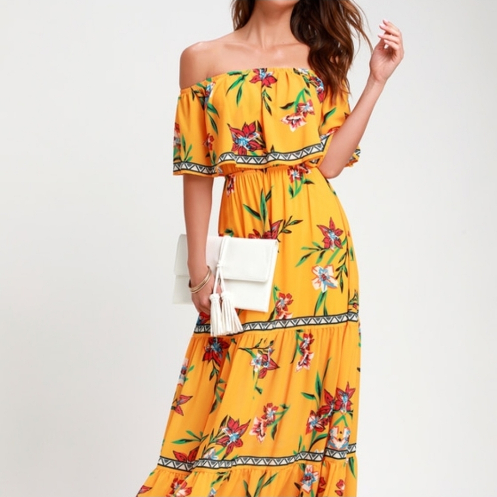 NWT Lulus Cancun Cutie Floral Off-the-Shoulder Maxi Dress, Marigold Yellow, L